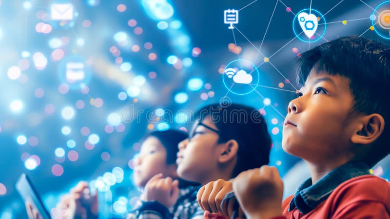 Los niños miran con asombro a un universo digital de íconos y datos que simbolizan el infinito potencial de la tecnología en la fo libre illustration