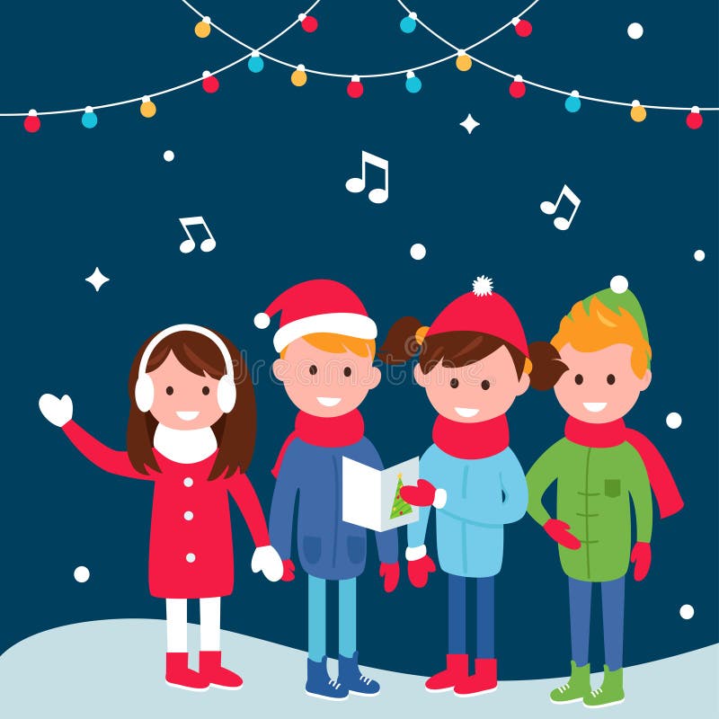 Children Wearing Warm Winter Coats Sing Carols on Christmas Eve. Vector Illustration. Children Wearing Warm Winter Coats Sing Carols on Christmas Eve. Vector Illustration