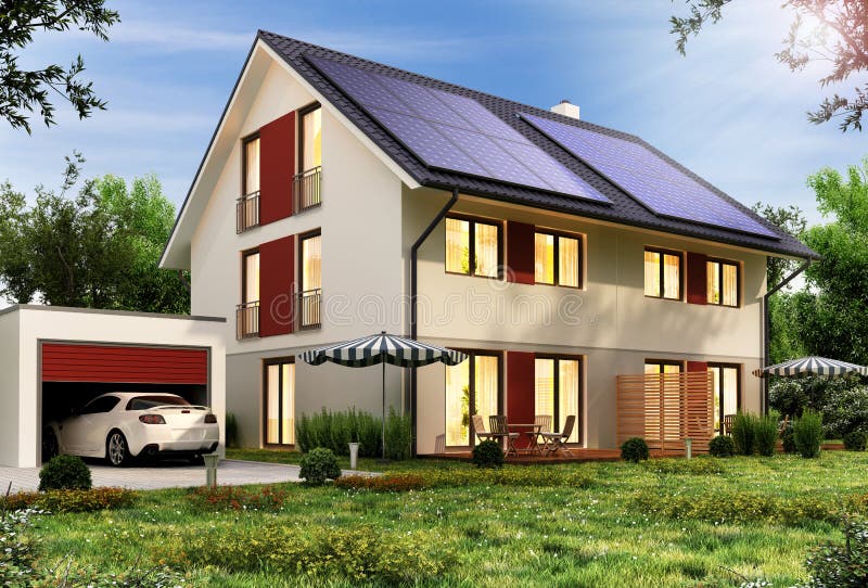 Los paneles solares en el tejado de una casa moderna con un garaje y un coche