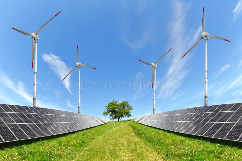 Los paneles y turbinas de viento de energía solar