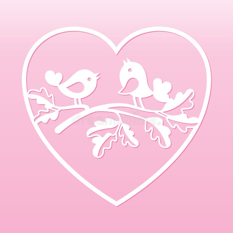 Los pares de palomas en un roble ramifican dentro del corazón Plantilla de corte del laser ilustración del vector Los pares de palomas en un roble ramifican dentro del corazón Plantilla de corte del laser ilustración del vector