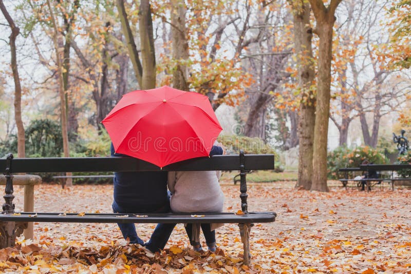 Los pares debajo del paraguas en otoño parquean, aman concepto fotografía de archivo Los pares debajo del paraguas en otoño parquean, aman concepto fotografía de archivo