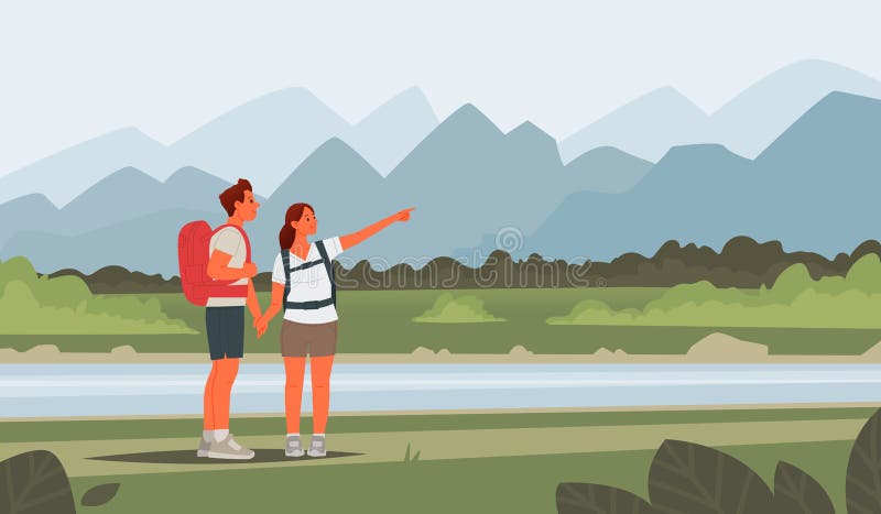 Los pares felices de la gente joven van a caminar Hombre y mujer con las mochilas en un fondo del paisaje montañoso libre illustration Los pares felices de la gente joven van a caminar Hombre y mujer con las mochilas en un fondo del paisaje montañoso libre illustration