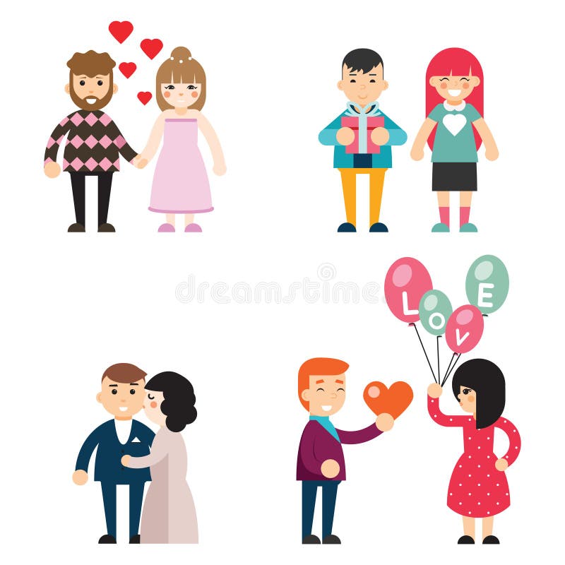 Los pares felices en diseño plano del concepto de los caracteres de los hombres y de las mujeres de Valentine Day del amor Vector stock de ilustración Los pares felices en diseño plano del concepto de los caracteres de los hombres y de las mujeres de Valentine Day del amor Vector stock de ilustración