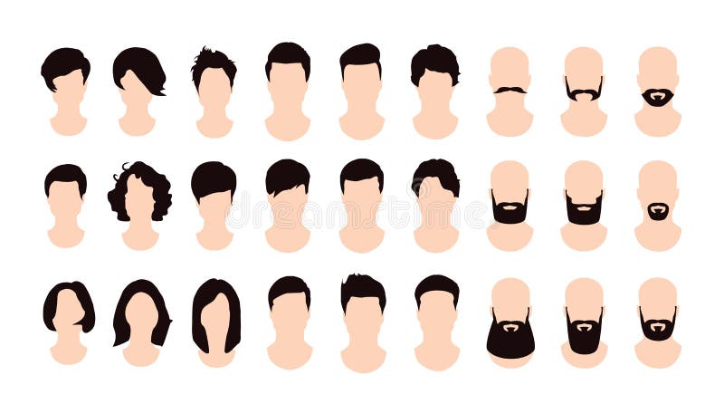 Los peinados masculinos y femeninos fijaron, las barbas y los bigotes stock de ilustración Los peinados masculinos y femeninos fijaron, las barbas y los bigotes stock de ilustración
