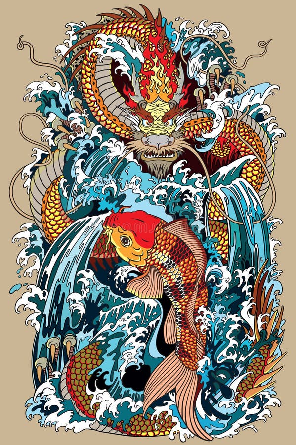 Los pescados y el dragón de Koi bloquean el ejemplo que acuerda mito asiático