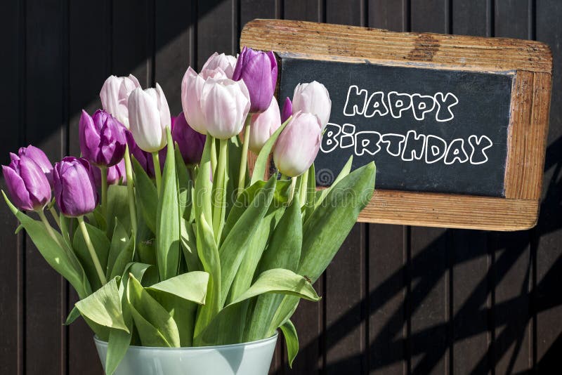 Los pinktulips hermosos de la pizarra de la muestra de madera del feliz cumpleaños bucket el fondo del marrón del tulipán de las imágenes de archivo libres de regalías Los pinktulips hermosos de la pizarra de la muestra de madera del feliz cumpleaños bucket el fondo del marrón del tulipán de las imágenes de archivo libres de regalías