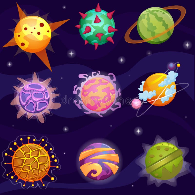 Los planetas fantásticos de la fantasía linda de la historieta del vector fijaron en fondo de las estrellas de la galaxia libre illustration Los planetas fantásticos de la fantasía linda de la historieta del vector fijaron en fondo de las estrellas de la galaxia libre illustration