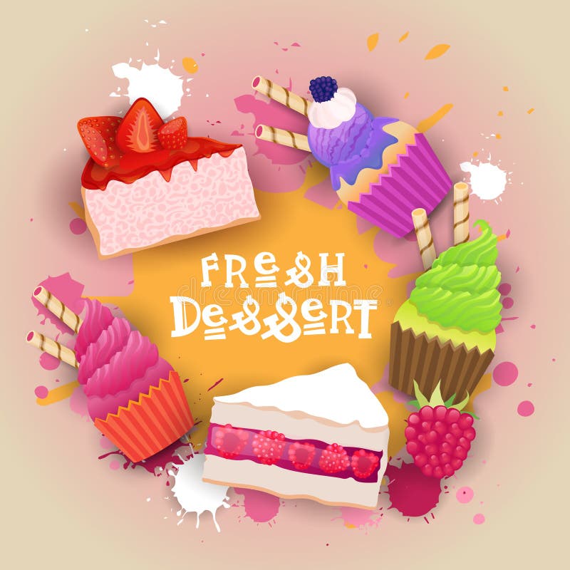 Los postres frescos fijaron el logotipo delicioso hermoso dulce de la comida de la torta colorida de la bandera stock de ilustración Los postres frescos fijaron el logotipo delicioso hermoso dulce de la comida de la torta colorida de la bandera stock de ilustración