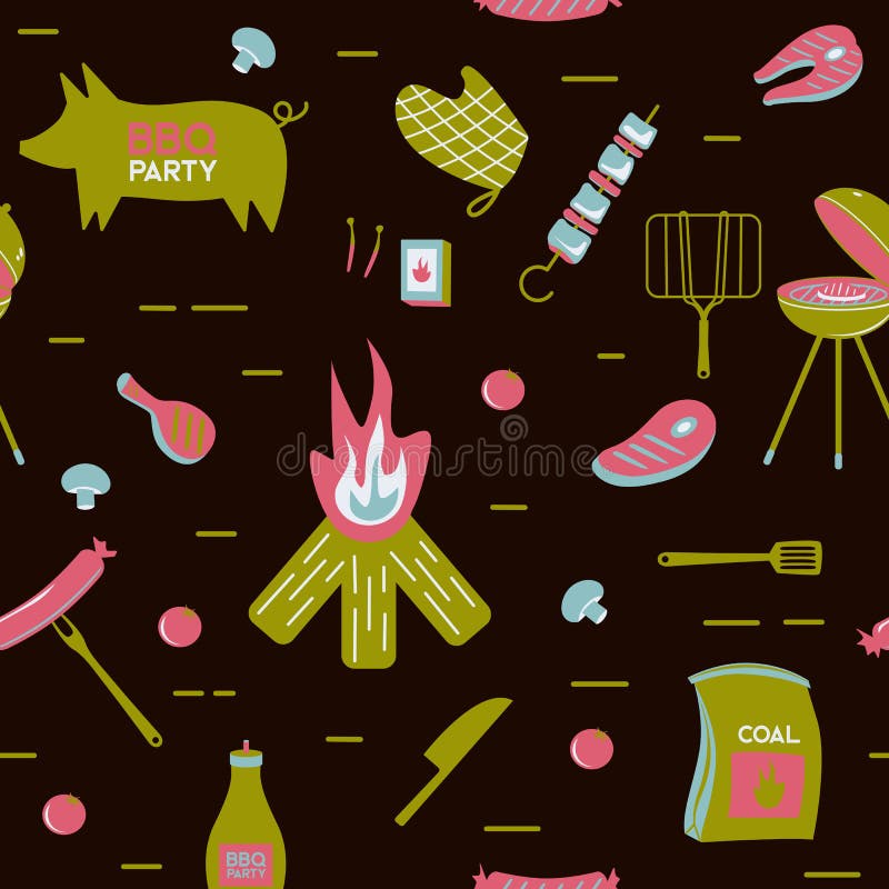Los productos de vector de la cena del partido del restaurante de barbacoa de la carne de la parrilla del Bbq en casa ensartan el ilustración del vector Los productos de vector de la cena del partido del restaurante de barbacoa de la carne de la parrilla del Bbq en casa ensartan el ilustración del vector