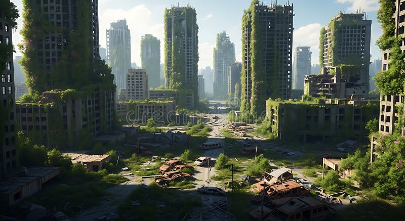 Los rascacielos abandonados son altos y la vegetación densa crea un rascacielos ilustración del vector