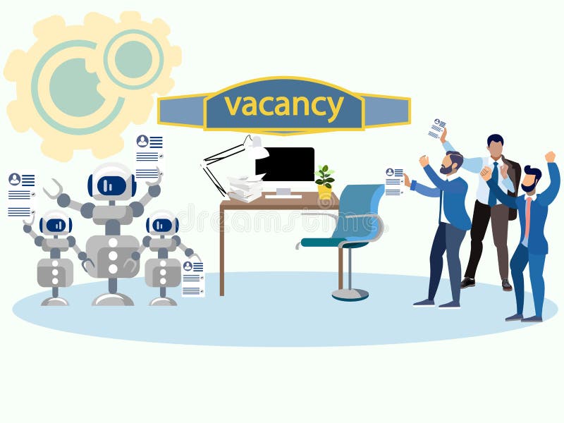 Los robots y los seres humanos demandan al asiento vacante Lucha para el trabajo En vector plano de la historieta minimalista del libre illustration Los robots y los seres humanos demandan al asiento vacante Lucha para el trabajo En vector plano de la historieta minimalista del libre illustration