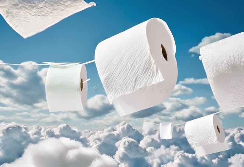 Los rollos de papel higiénico flotan en medio de la esponja fotos de archivo