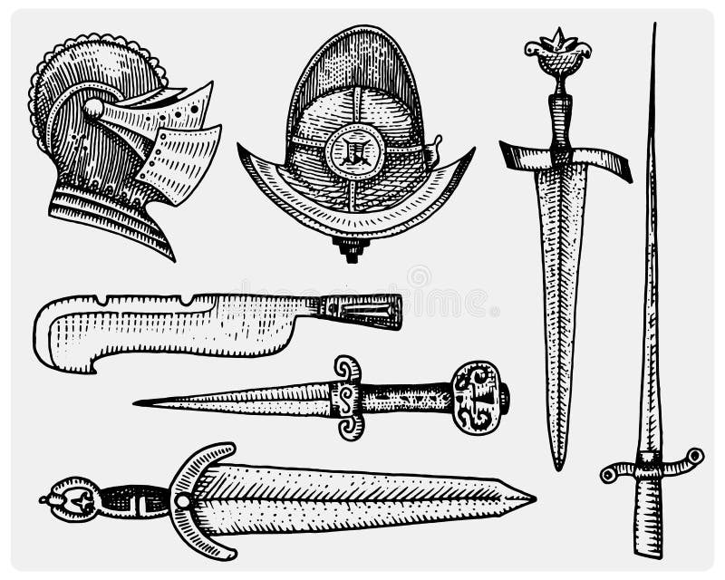 Los símbolos medievales, el casco y las espadas, vintage del cuchillo, grabaron la mano dibujada en bosquejo o la madera cortó el stock de ilustración Los símbolos medievales, el casco y las espadas, vintage del cuchillo, grabaron la mano dibujada en bosquejo o la madera cortó el stock de ilustración