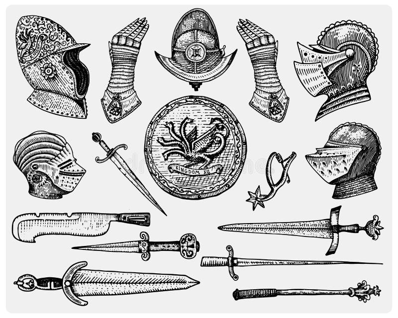Los símbolos medievales, el casco y los guantes, el escudo con el dragón y la espada, el cuchillo y el macis del sistema grande, stock de ilustración Los símbolos medievales, el casco y los guantes, el escudo con el dragón y la espada, el cuchillo y el macis del sistema grande, stock de ilustración