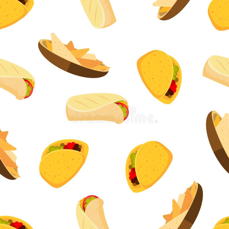 Los Tacos Mexicanos Burrito Y Nachos De La Comida Vector El Fondo  Inconsútil Ilustración del Vector - Ilustración de alimento, divertido:  89114515