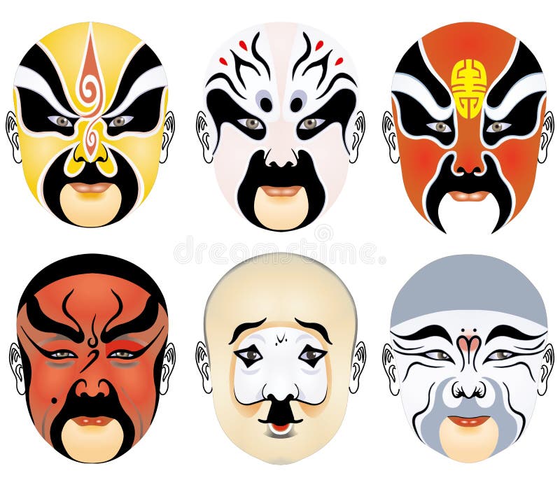 Los tipos de maquillaje facial en la ópera de Pekín fijaron seises ilustración del vector Los tipos de maquillaje facial en la ópera de Pekín fijaron seises ilustración del vector