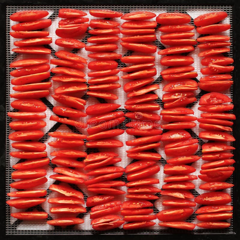 Los tomates rojos cortados, apilados en filas, alistan a la ensalada o secar a fotografía de archivo libre de regalías Los tomates rojos cortados, apilados en filas, alistan a la ensalada o secar a fotografía de archivo libre de regalías