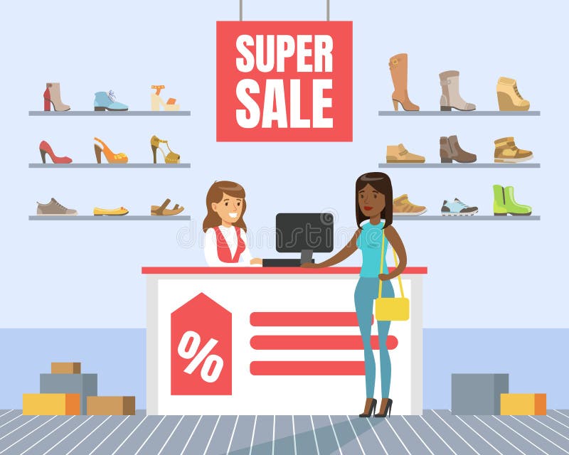 Los zapatos que eligen y de compras en tienda, zapatos de la mujer almacenan interior, compras de la muchacha en el ejemplo del v ilustración del vector Los zapatos que eligen y de compras en tienda, zapatos de la mujer almacenan interior, compras de la muchacha en el ejemplo del v ilustración del vector