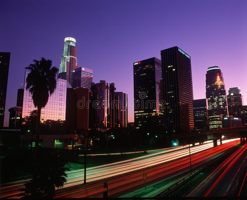 Abstract of the Harbor Freeway with Los Angeles skyline at night, California. Abstract of the Harbor Freeway with Los Angeles skyline at night, California