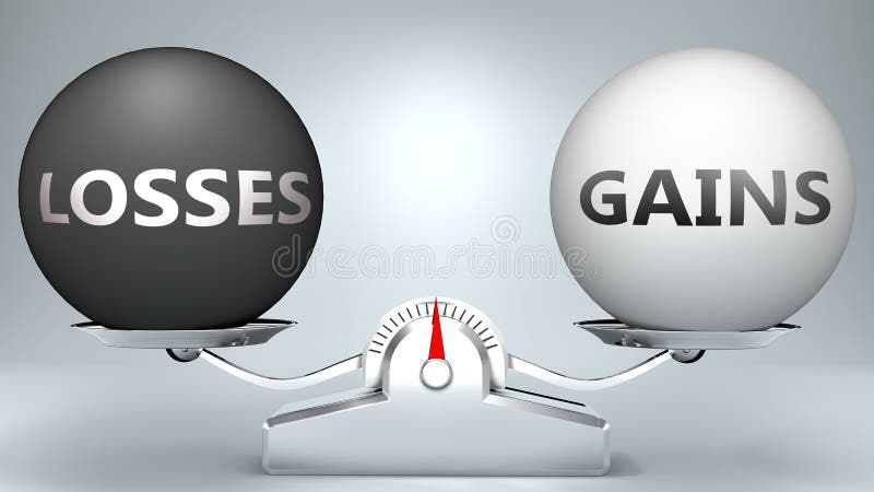 Losses and gains in balance - pictured as a scale and words Losses, gains - to symbolize desired harmony between Losses and gains