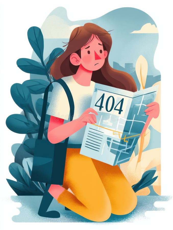 Lost Character Exploring a Confusing Map on a 404 Error Page During an Unexpected Journey royalty free stock photography