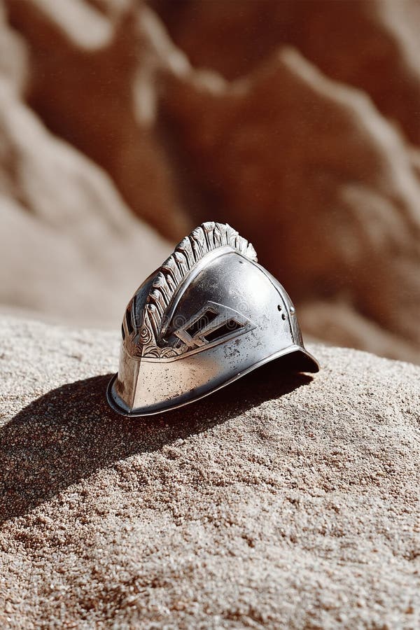 Lost glory. A weathered silver knights helmet rests on sand. Evokes concepts of past battles, honor, and history. Ideal for vector illustration