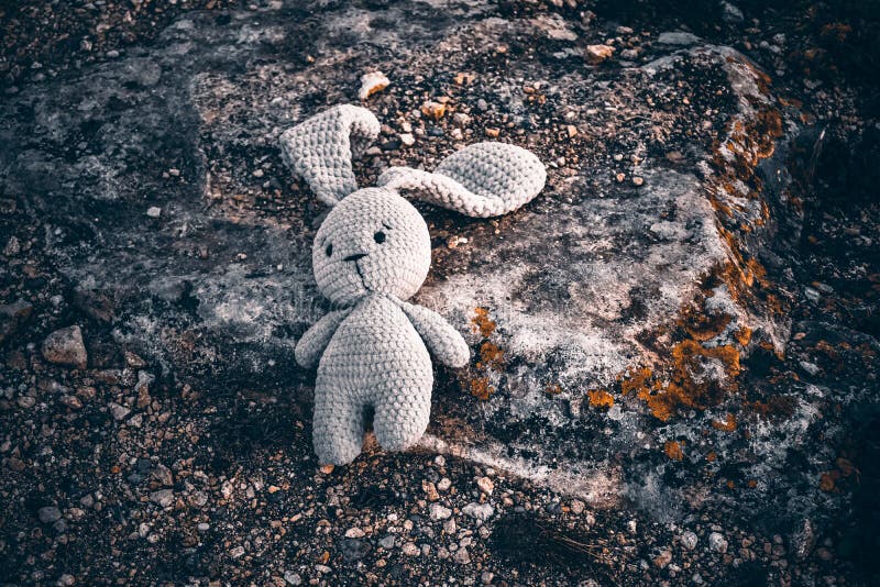 lost toy hare is lying on the ground, an abandoned hare toy