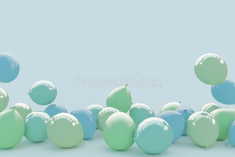 A lot of balloons in pastel colors on a light blue background. Greeting card with copy space. 3D render.