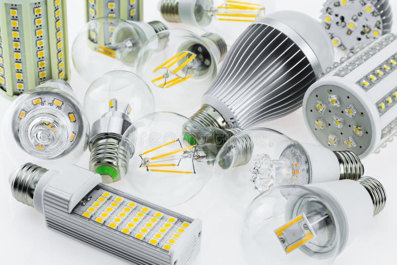 Lot E27 LED bulbs with different types of chips royalty free stock photos
