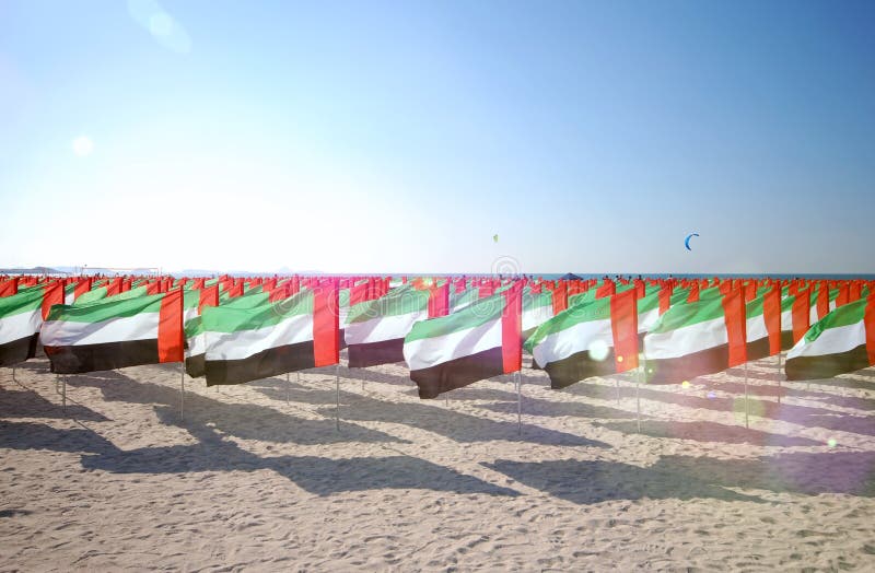 Lot of flags United Arab Emirates for the anniversary celebration on the beach. Sun ray. stock photography Lot of flags United Arab Emirates for the anniversary celebration on the beach. Sun ray. stock photography