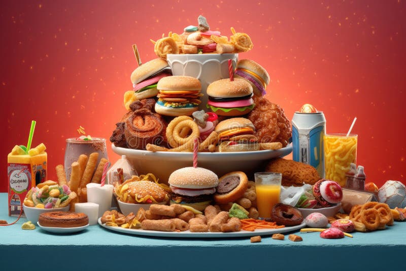 A Lot Of Junk Food On Table Unhealthy Nutrition Generative AI Stock Illustration a-lot-of-junk-food-on-table-unhealthy-nutrition-generative-ai-stock-illustration