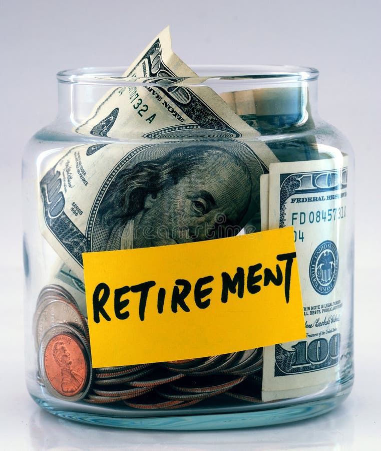 A lot of money in a glass jar labeled Retirement stock images A lot of money in a glass jar labeled Retirement stock images