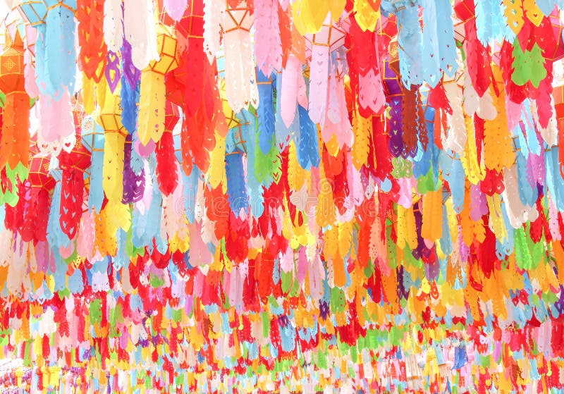 A lot of multicolored mulberry paper lanterns on background ,Hanging decorations for celebration loy krathong festival in lamphun royalty free stock image A lot of multicolored mulberry paper lanterns on background ,Hanging decorations for celebration loy krathong festival in lamphun royalty free stock image