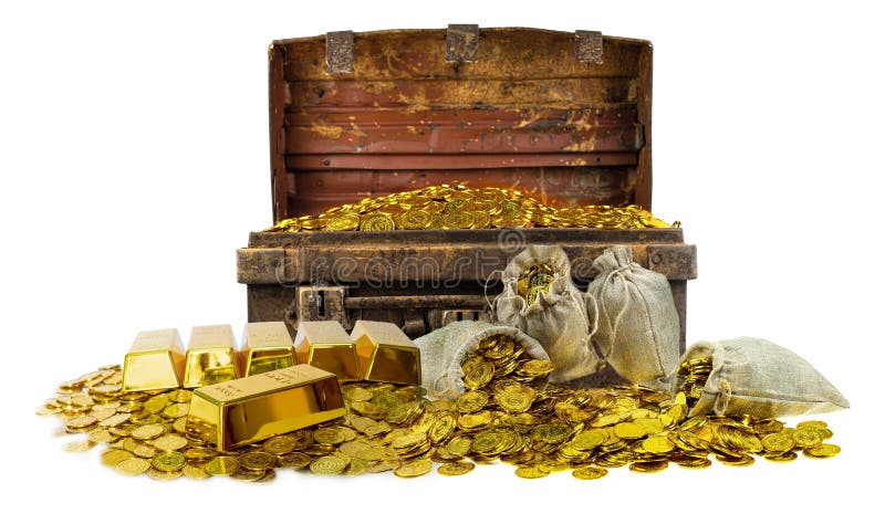 Stacking gold coins in treasure stack and gold bar 1kg on white background