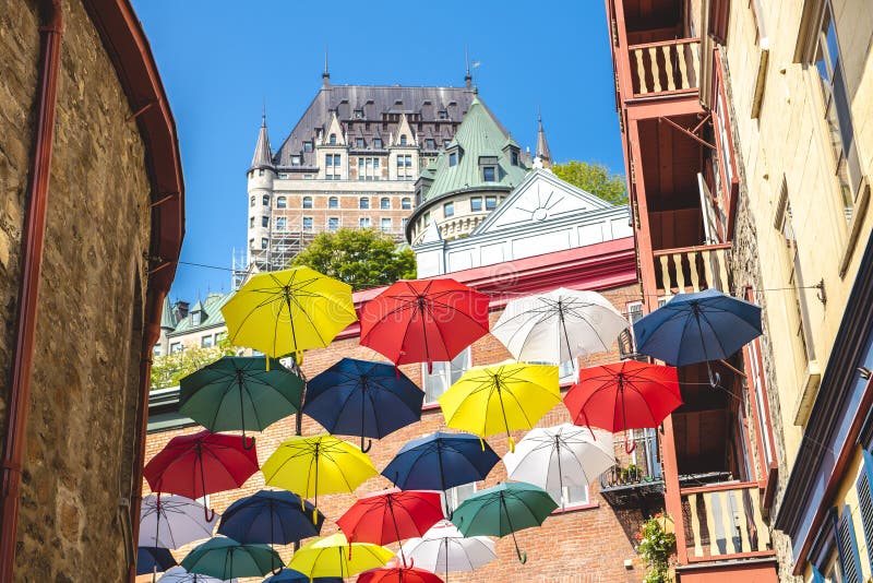 A Lot of Umbrellas in Petit Champlain Street Quebec City, Canada Editorial Photography Image