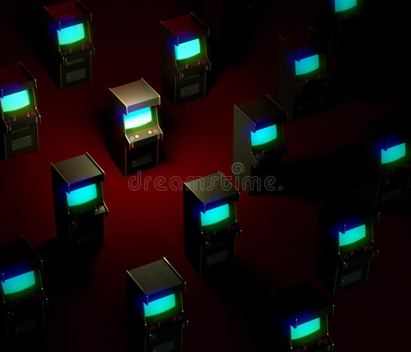 A lot of vintage arcade game machine cabinets blue glowing screens in dark hall with red floor an one spot top light 3d