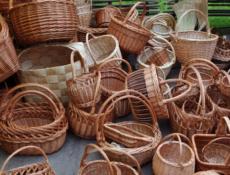 A Lot of Vintage Weave Wicker Baskets Stock Image Image of round