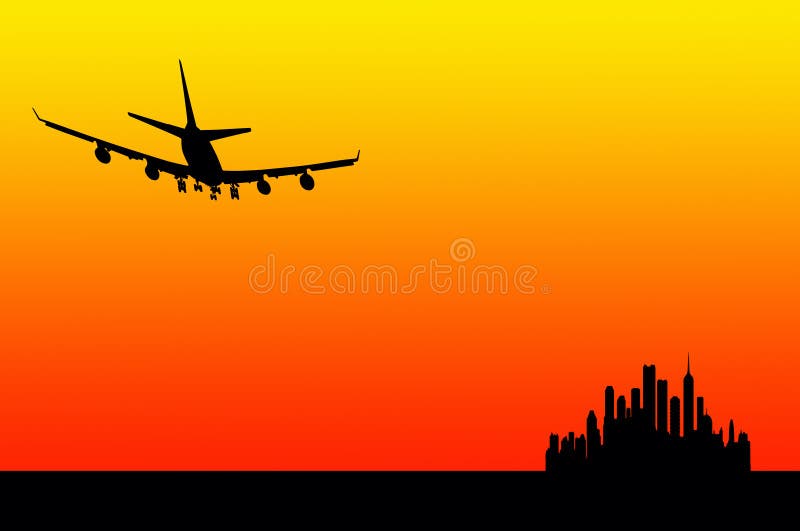 An airplane preparing to land near the city during sunset hour. An airplane preparing to land near the city during sunset hour