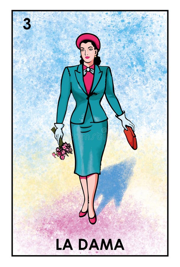 High resolution image of Mexican Lottery character La Dama. Illustration of a white black haired lady dressed in a emerald green suit, pink hat and white gloves, holding a flower bouquet and a purse, with blue, yellow and pink background. High resolution image of Mexican Lottery character La Dama. Illustration of a white black haired lady dressed in a emerald green suit, pink hat and white gloves, holding a flower bouquet and a purse, with blue, yellow and pink background.