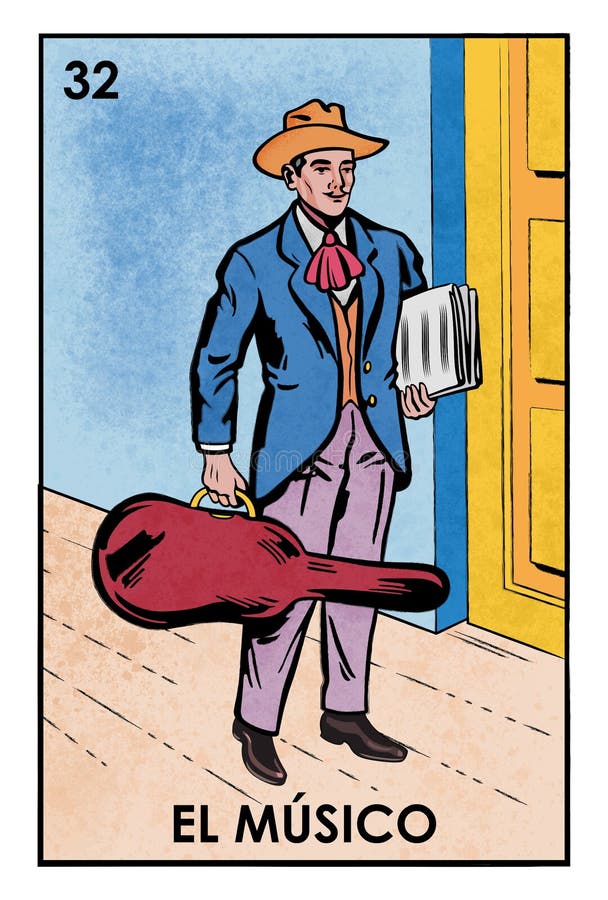 High resolution image of Mexican Lottery character El MÃºsico. Illustration of a male musician holding a guitar case and a set of music charts, wearing a blue coat, yellow hat, red tie, lilac pants, with a yellow door and a blue wall as background, standing on a wooden floor. High resolution image of Mexican Lottery character El MÃºsico. Illustration of a male musician holding a guitar case and a set of music charts, wearing a blue coat, yellow hat, red tie, lilac pants, with a yellow door and a blue wall as background, standing on a wooden floor.