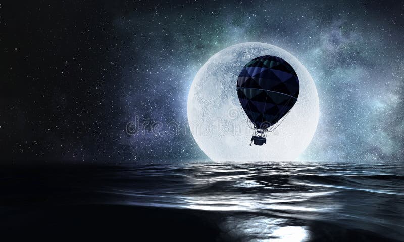 Lotniczy balon nad wodą Mieszani środki ilustracji Lotniczy balon nad wodą Mieszani środki ilustracji