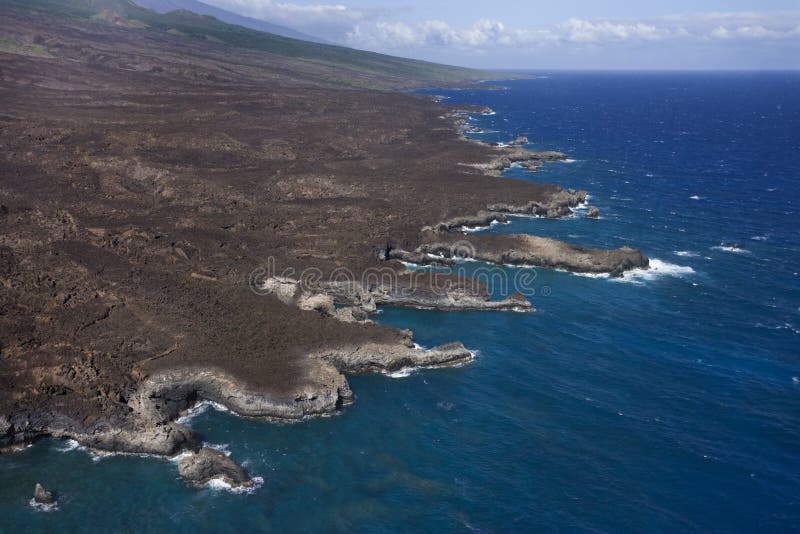 Aerial of Pacific ocean and Maui, Hawaii coast with lava rocks. Aerial of Pacific ocean and Maui, Hawaii coast with lava rocks.