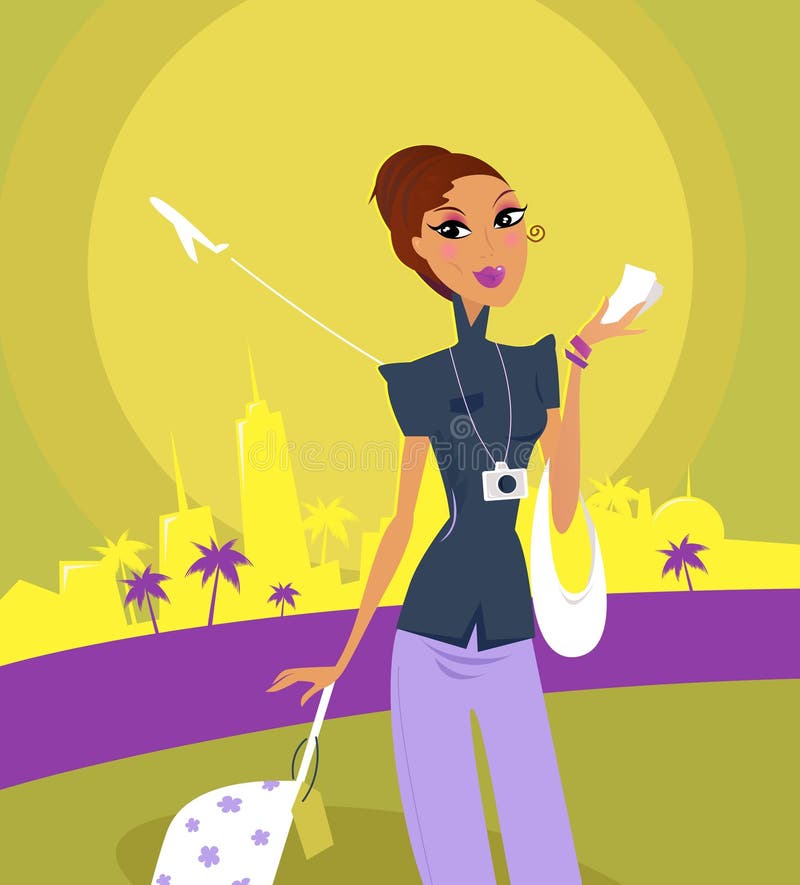 Stylish woman on her travels at airport. Vector Illustration in retro style. Stylish woman on her travels at airport. Vector Illustration in retro style.