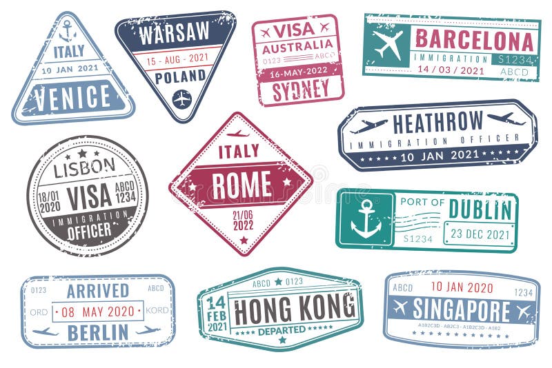 Airport stamps. Vintage travel passport visa immigration arrived stamp with grunge texture. Europe tourism isolated vector set. Airport stamps. Vintage travel passport visa immigration arrived stamp with grunge texture. Europe tourism isolated vector set