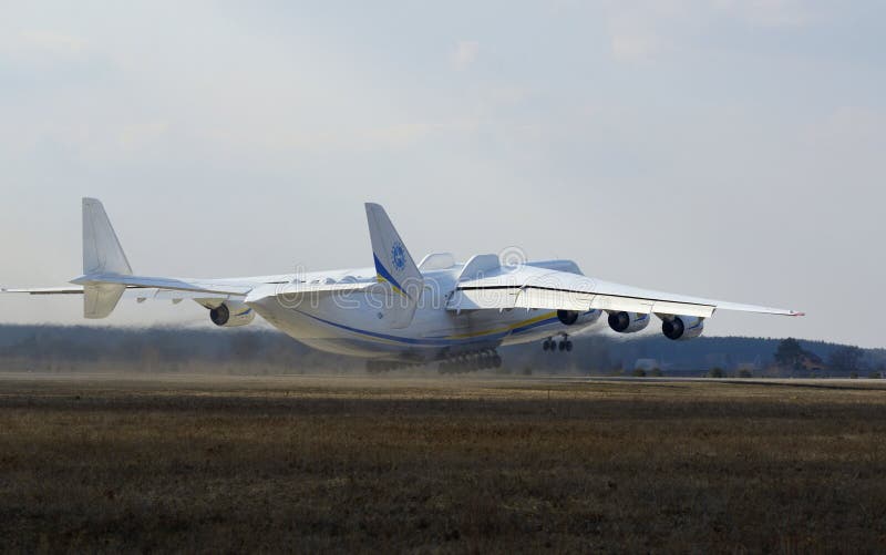 Airlift cargo aircraft Antonov 225 Mriya taking off from a runway of Hostomel airport, its first commercial flight. Was destroyed by Russia army in 2022. April 3, 2018. Hostomel, Ukraine. Airlift cargo aircraft Antonov 225 Mriya taking off from a runway of Hostomel airport, its first commercial flight. Was destroyed by Russia army in 2022. April 3, 2018. Hostomel, Ukraine