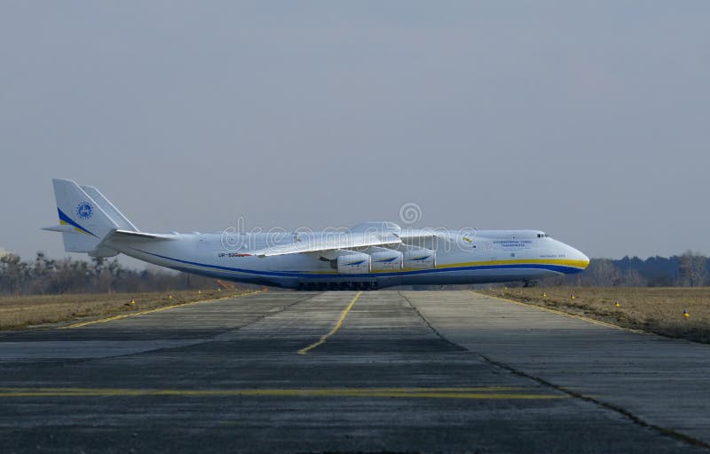 Airlift cargo aircraft Antonov 225 Mriya taking off from a runway of Hostomel airport, its first commercial flight. Was destroyed by Russia army in 2022. April 3, 2018. Hostomel, Ukraine. Airlift cargo aircraft Antonov 225 Mriya taking off from a runway of Hostomel airport, its first commercial flight. Was destroyed by Russia army in 2022. April 3, 2018. Hostomel, Ukraine