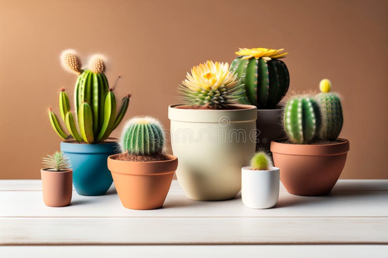 Lots of cacti in clay pots on a white wooden table. a photo in a light key. Generative AI. Key generative illustrations