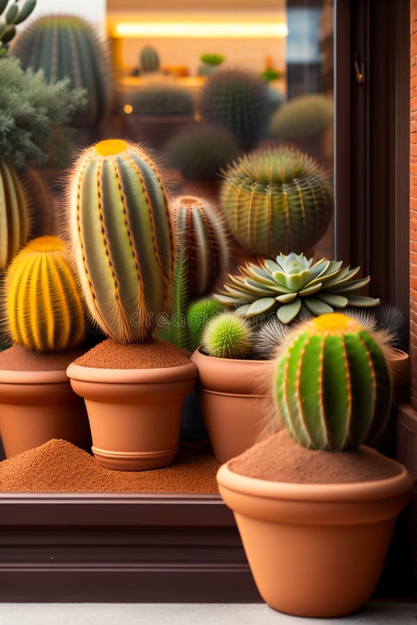 Lots of cacti in clay pots on a white wooden table. a photo in a light key. Generative AI. Key generative illustrations