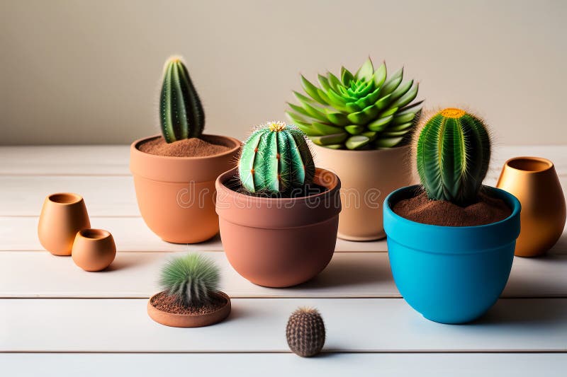 Lots of cacti in clay pots on a white wooden table. a photo in a light key. Generative AI. Key generative illustrations